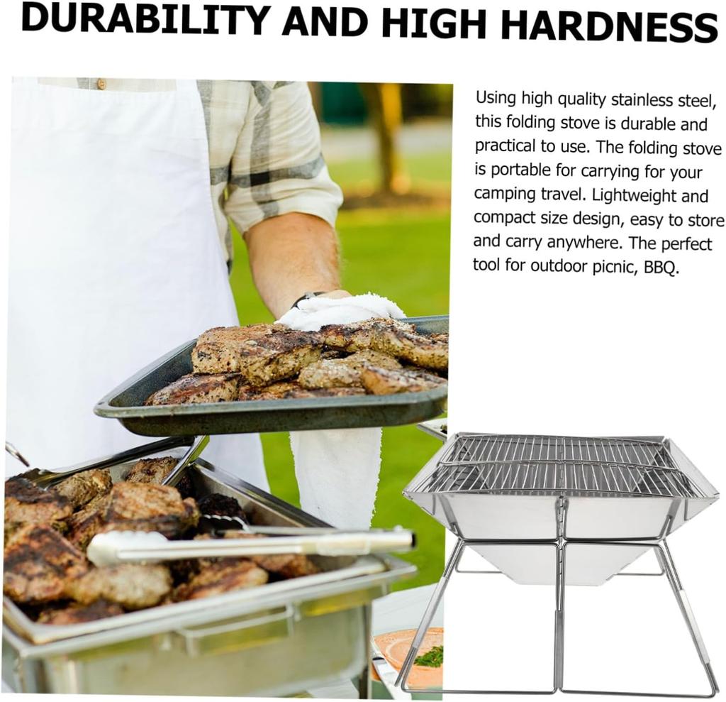 Tragbarer, faltbarer Grill, Heizöfen, Multifunktions-Camping-BBQ-Grillrost, Netz, Brennholzofen, Edelstahl-BBQ-Grill