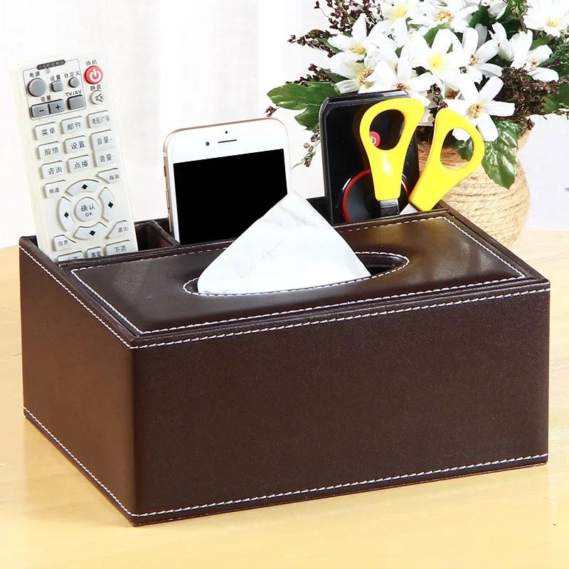 PU Leather Tissue Box Cover Desk Makeup Cosmetic Organizer Remote Controller Phone Holder Home Office Tissue Paper Napkin Holder