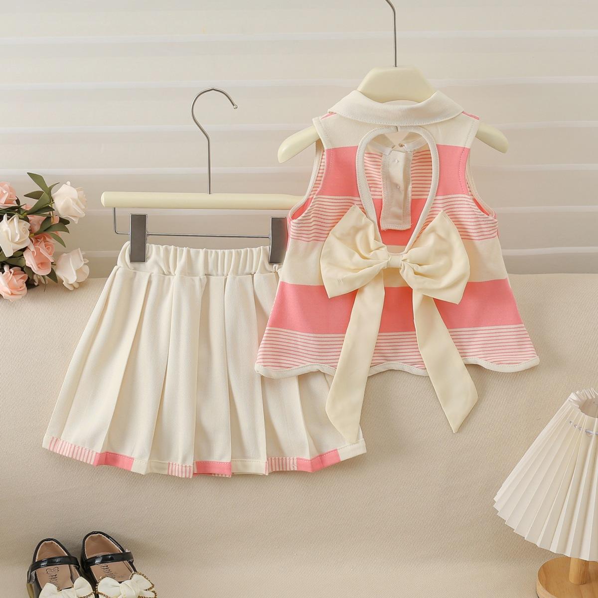 Girls Summer Sleeveless Top And Skirt Set Cute Heart Cutout Back Bow Two Piece Outfit Fashionable Kids Clothing 110cm розовый