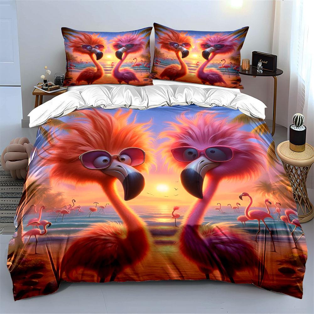 3Pcs Pink Flamingos Under Sunlight Duvet Cover Set With 3D Printing Design Soft Polyester Bedding Set All-Season Comfort