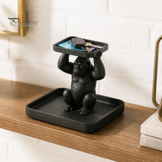 Desktop Organizer for Keys 3D Printed Gorilla Decorative Tray, Squatting Figure with Dual-Tier Storage Cool Desk Jewelry Small Trinkets, Creative