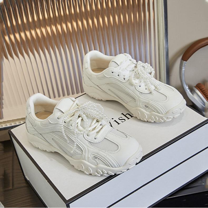 Genuine Leather 2025 Spring New Lace Pearl Casual White Shoes for Women, Thick Soled Sports Forrest Gump Shoes for Women