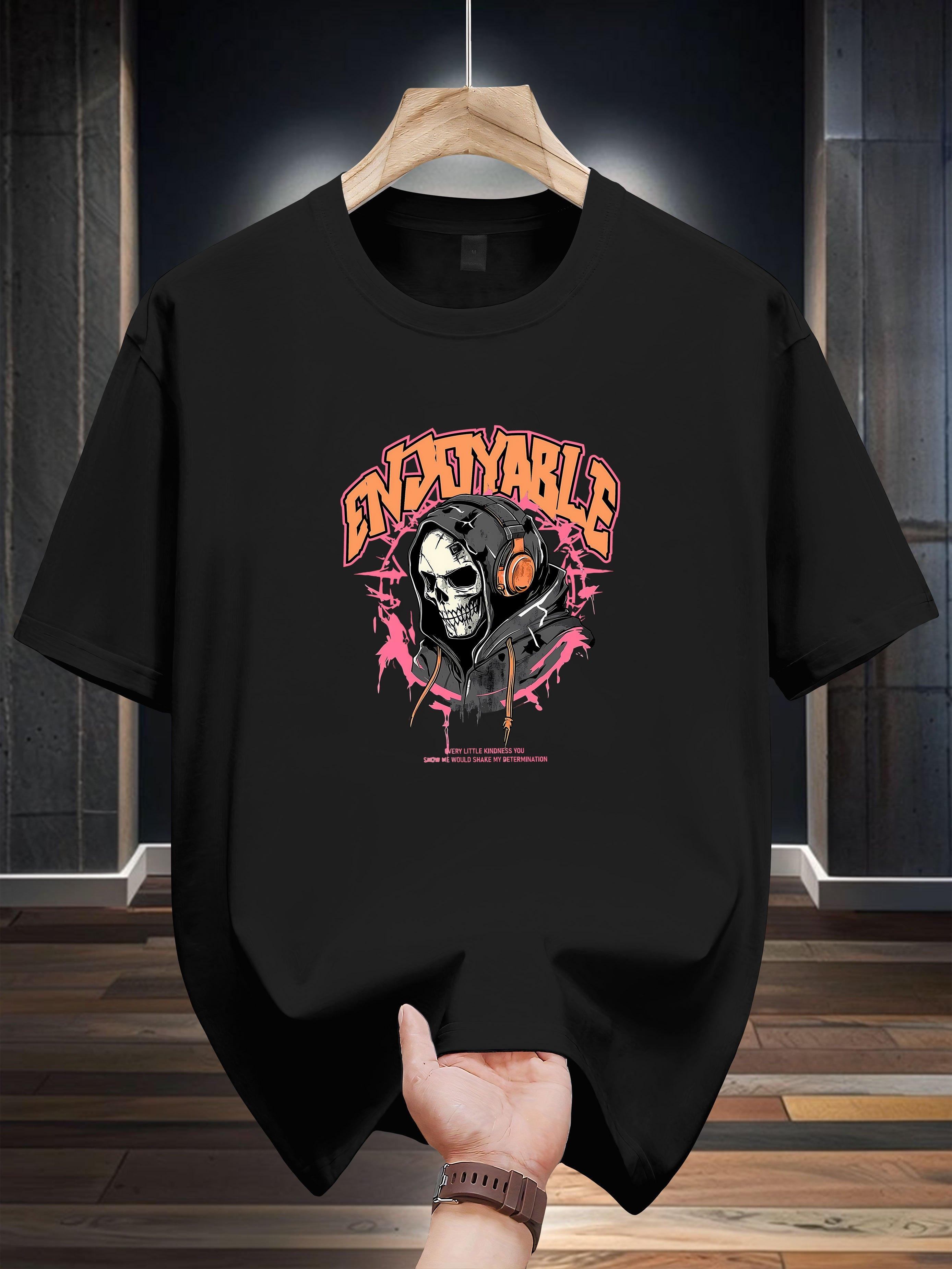 Niuwang Selection T-shirt - Navy Blue Casual Graphic Print Tee with Bold ENJOYABLE & Skull Design S