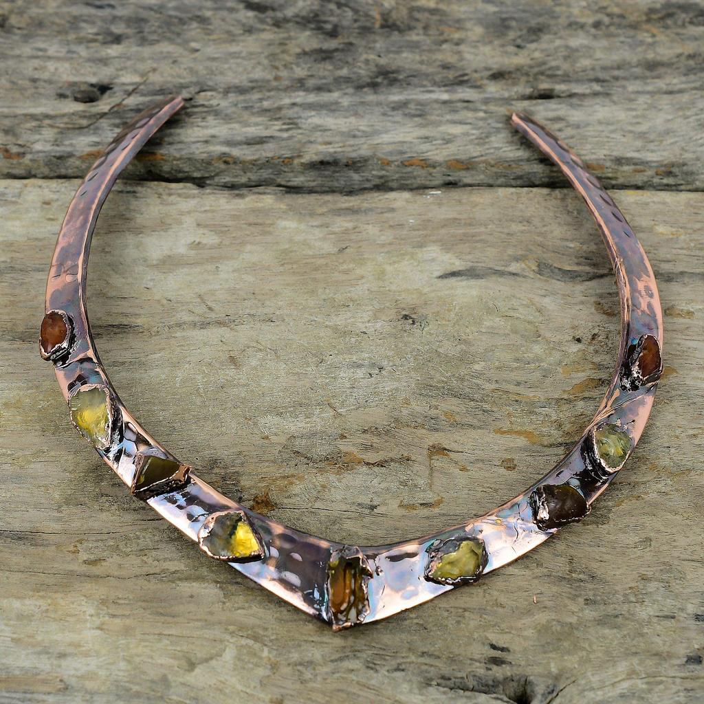 Hessonit Rohkette Elektrogeformte Kupferkette Edelsteinschmuck Verstellbare Halskette Citrin Rohkette Handgefertigter Antiker Schmuck
