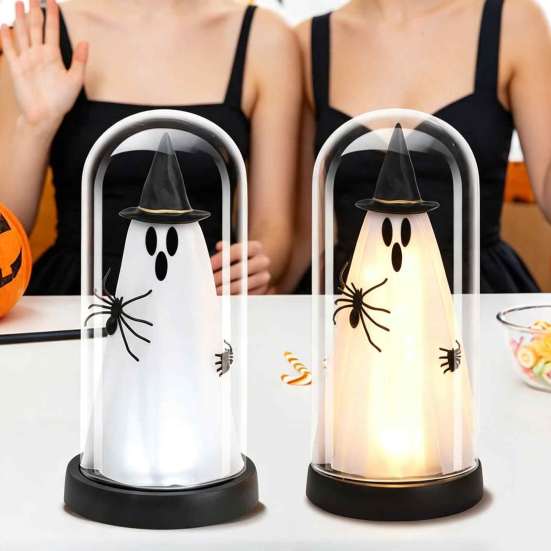 Halloween Ghost Decoration Indoor Light Up in Dome Cloche, Cute Witch Decorative Window Table Lamp with LED for Home Kitchen Mantel Tabletop