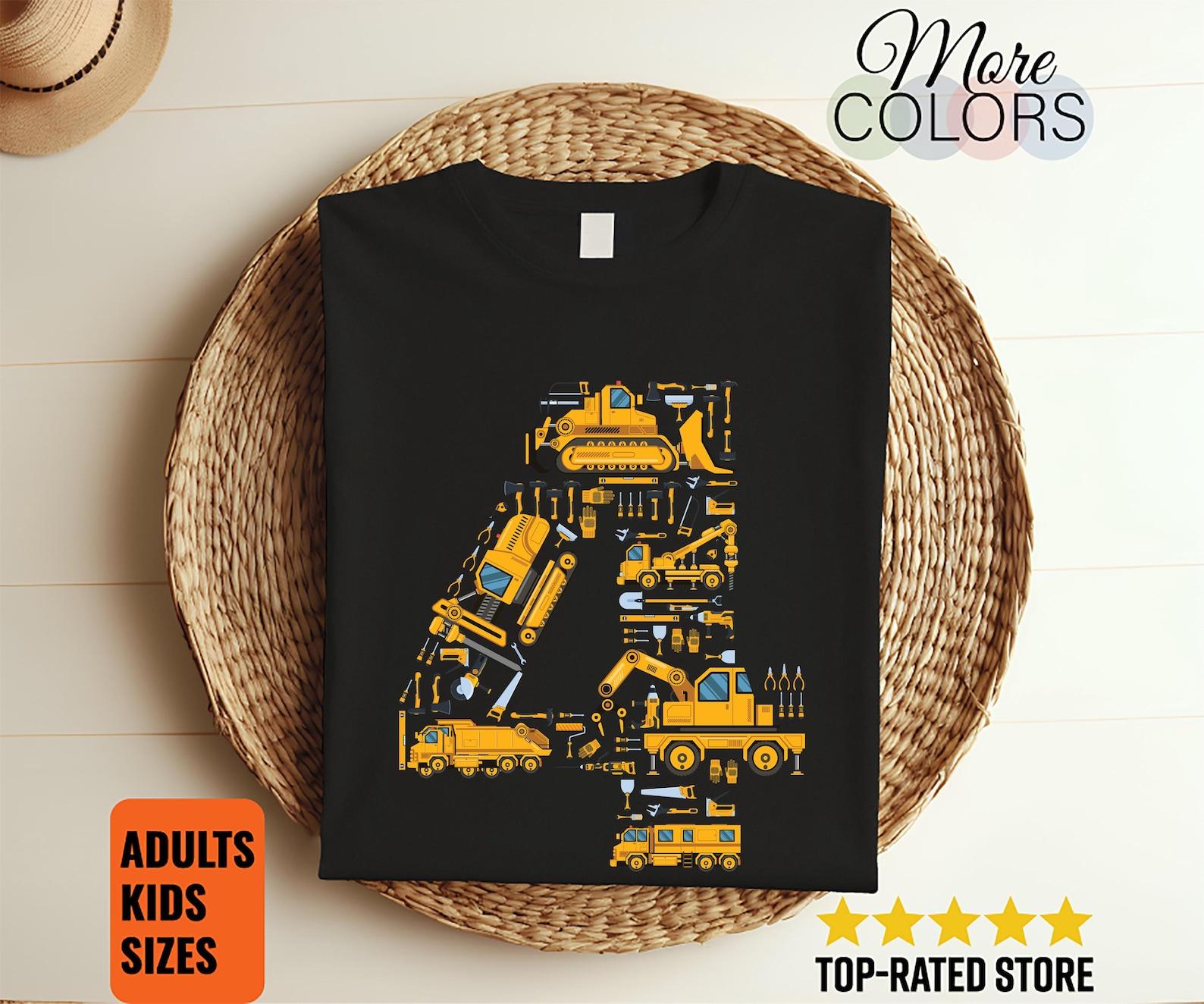 Construction Number 4 Shirt Kids Birthday Truck Excavator Bulldozer Graphic Tee Unisex Boy Girl Party Outfit Heavy Equipt Gift Unisex 100