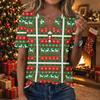 Women's Fashion Casual Christmas Print V-Neck Short Sleeve Button T-Shirt Top for Holiday and Everyday Wear