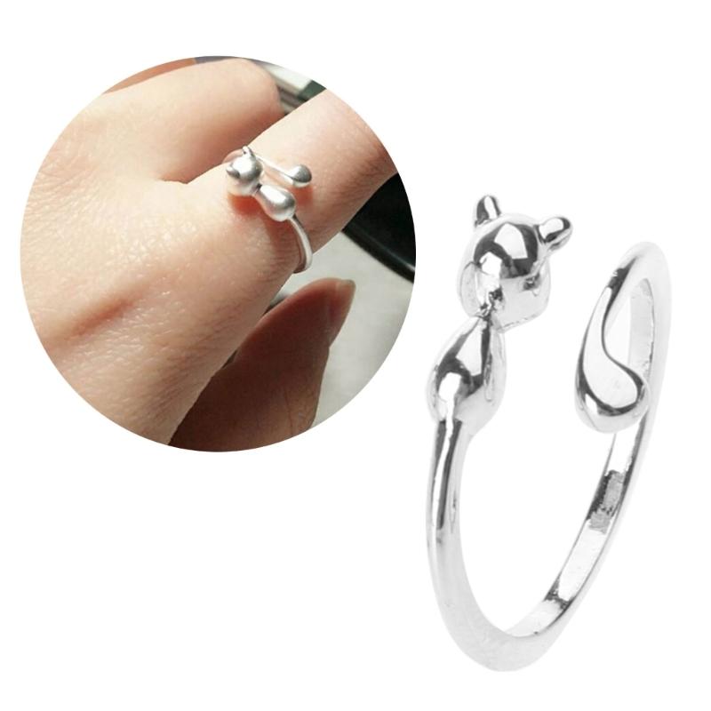 Adjustable Open Rings for Women Lovely Cat Long Tail Finger Rings Knitting Crocheting Joint Rings Jewelry Accessories