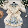 Elegant Floral Print Short Dress for Women Summer Turn Down Collar Short Sleeve Slim Shirt Dress Female with Belt