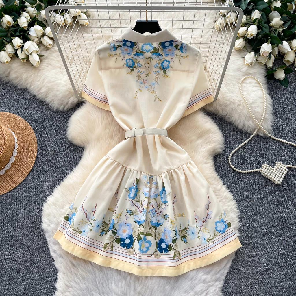 Elegant Floral Print Short Dress for Women Summer Turn Down Collar Short Sleeve Slim Shirt Dress Female with Belt
