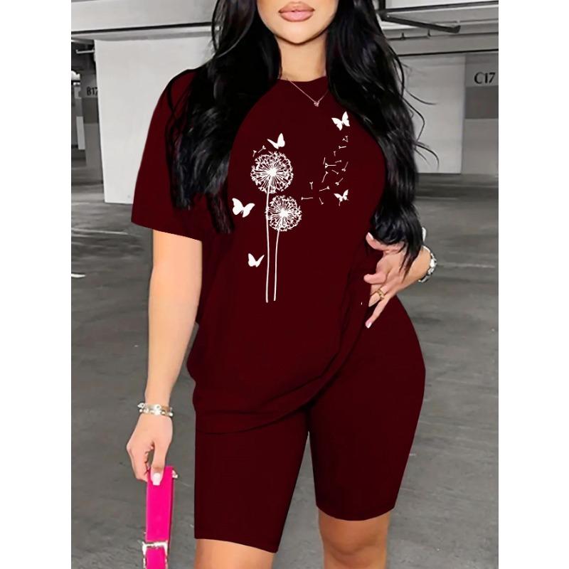 Women's Fashion Round Neck Dandelion Butterfly Print Casual Short Sleeve Shorts Set
