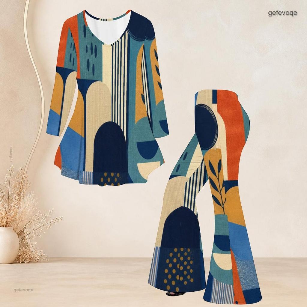 Women Plus Size Printed Round Neck Three Quarter Sleeve Flared Top Flared Pants Two Piece Set