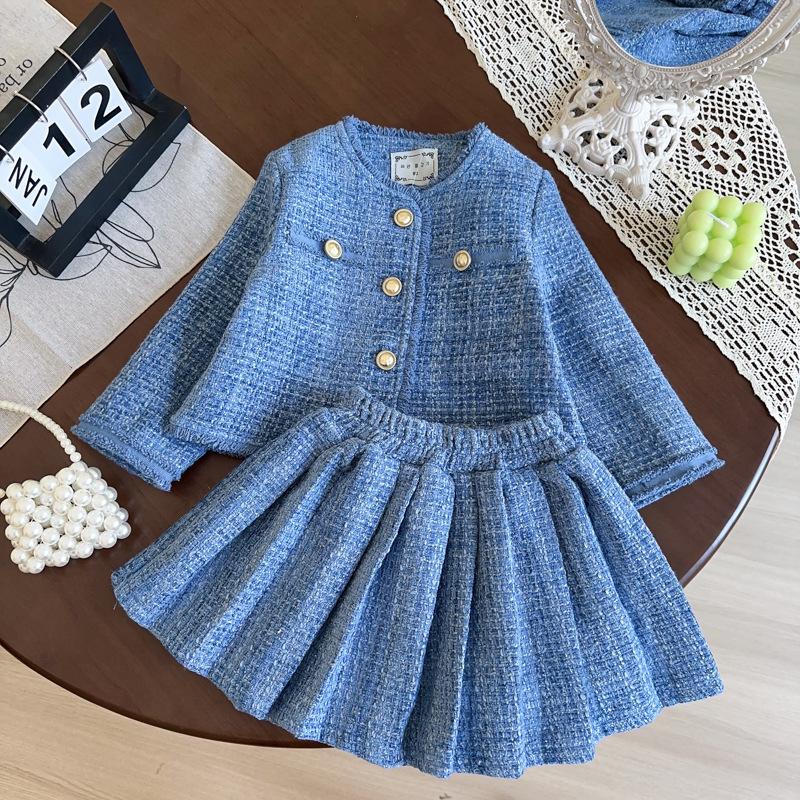 Girls' Clothing Set Spring Autumn Winter Fashionable Small Fragrant Style Coat Half Body Skirt Two Piece Set