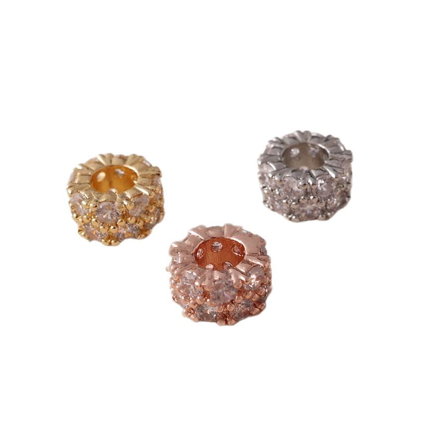 18K Gold Plated Zircon Inlaid Large Hole Spacer Beads, Colorfast Multi-color Pendant for Handmade Jewelry