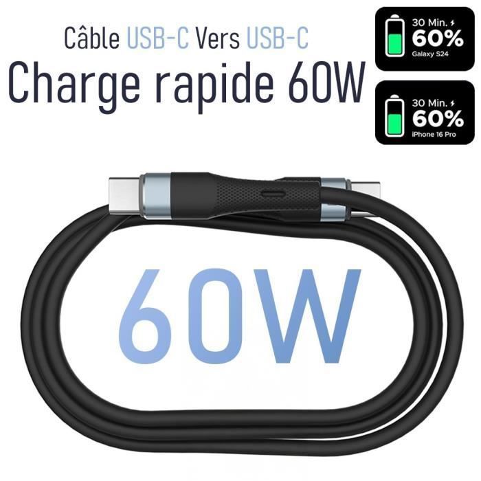 Câble USB-C vers USB-C Charge Rapide 60W pour Samsung Galaxy A16 A15 A14 A13 A25 A35 A55 A53 A05s A36 - Noir 1M