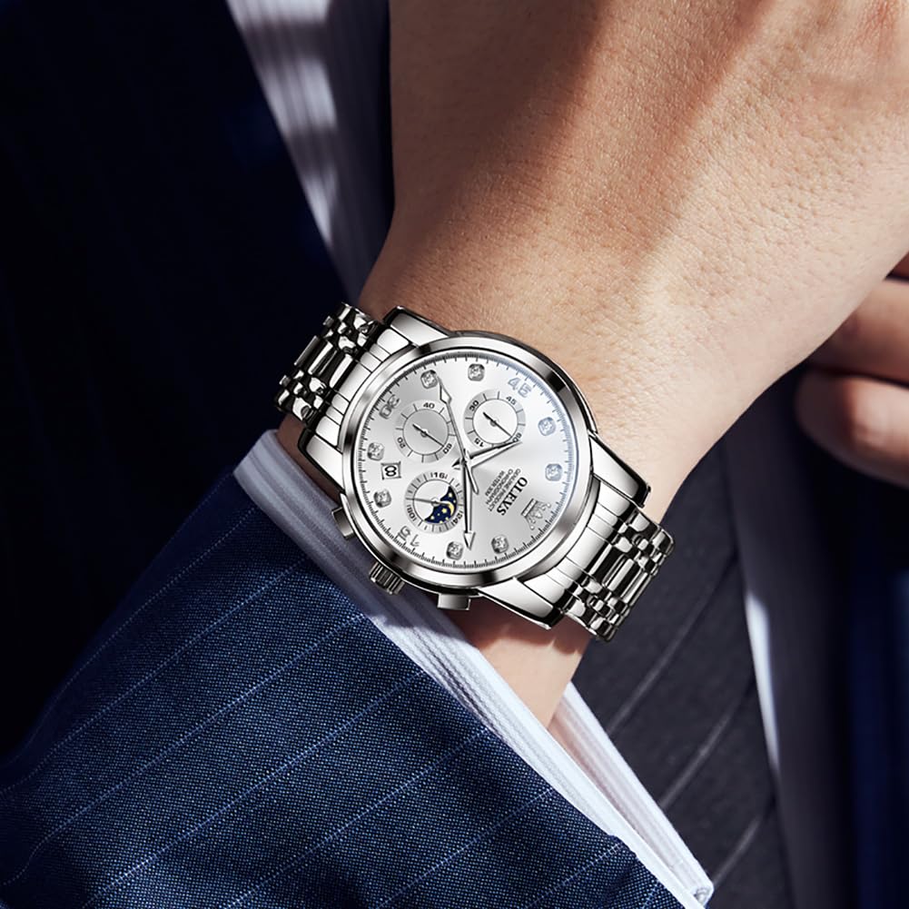 OLEVS Stylish and Popular Quartz Wristwatch with Date Silver Stainless Steel Classic Moon Swatch Men's Watch, Display, Waterproof, Business, Band,