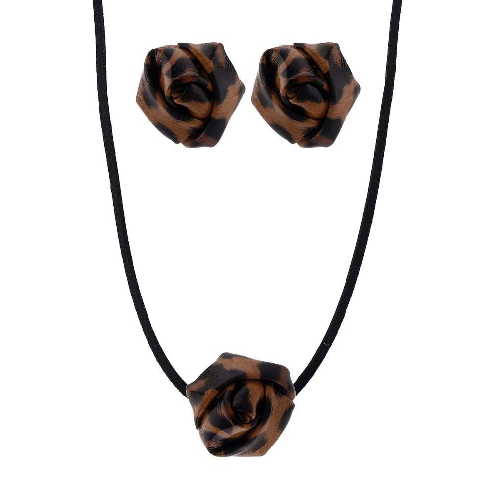Retro Style Rose Flower Necklace PU Leather Flower Stud Earrings Adjustable Rope Choker  Women
