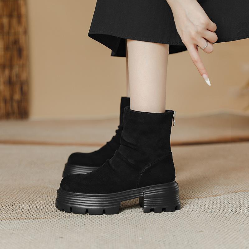 

Women s Shoes Leather Boots Short Boots Pleated Thick-soled Packed Boots Solid Color Autumn and Winter Retro Maillard Elastic Skinny Boots 35 чёрный