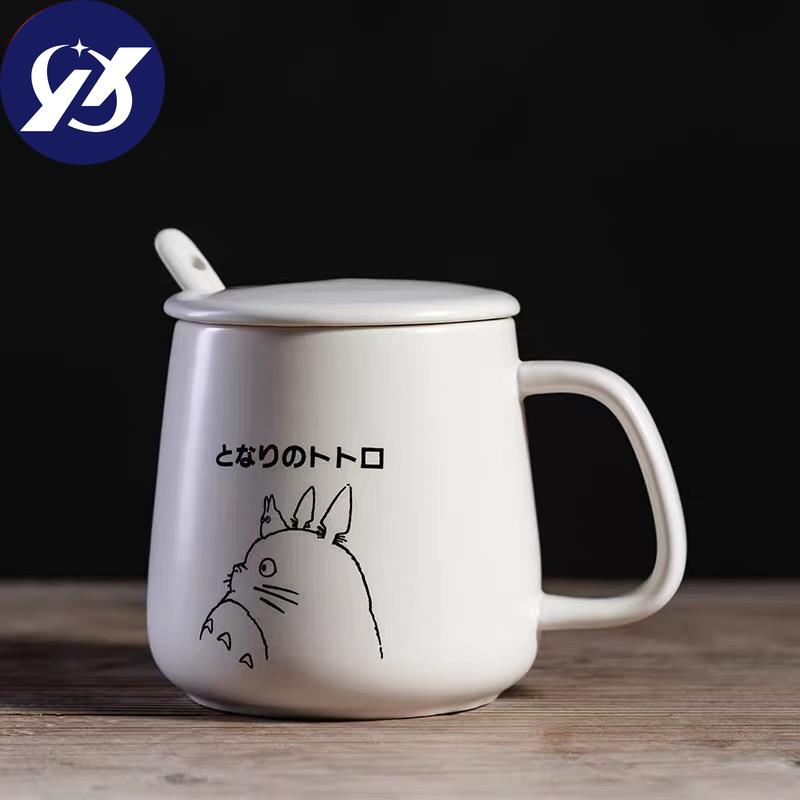 Japanese Style Totoro Coffee Mugs for Lovers Creative Milk Cup with Lid and Spoon Office Simple Ceramic Water Tea Cup Drinkware