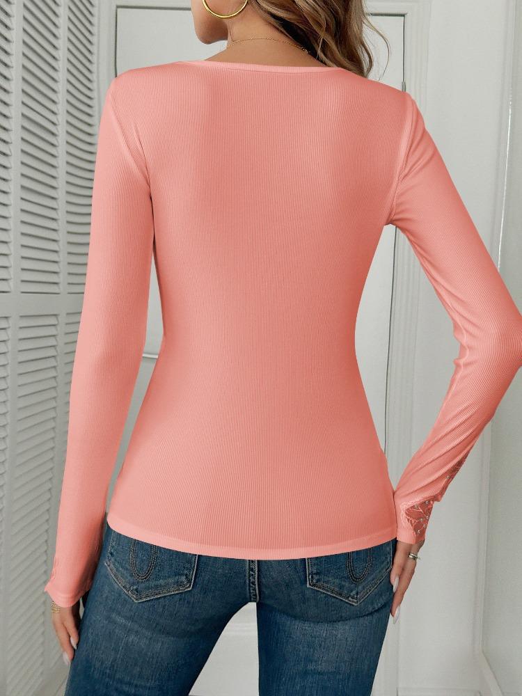 Pure Color Collar and Cuffs Splicing Lace Lace Hot Drilling Long Sleeve T-Shirt Tops for Women Versatile Closet Essential Fashion Items Shirt