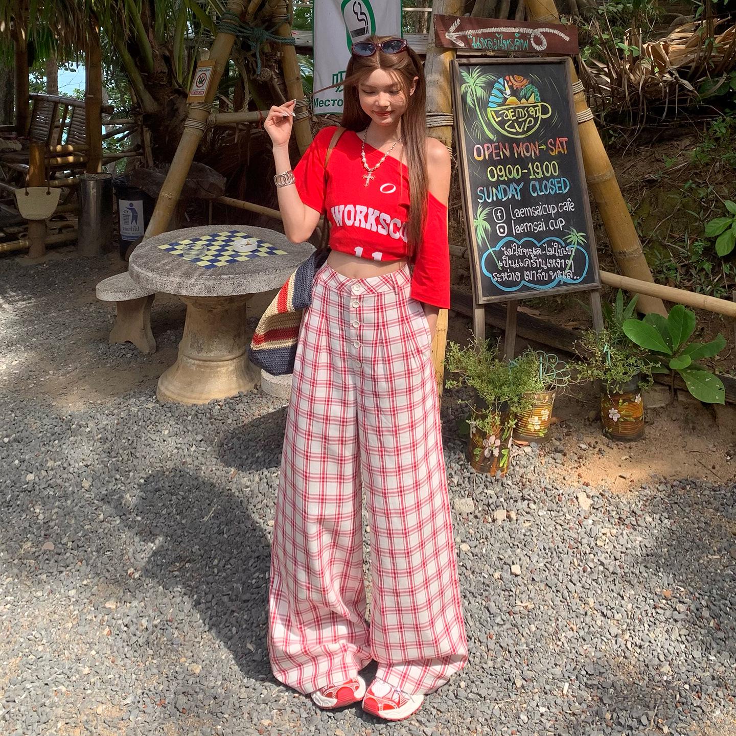 Women s Spring Plaid High-Waist Wide-Leg Pants - Casual, Loose, Floor-Length Large