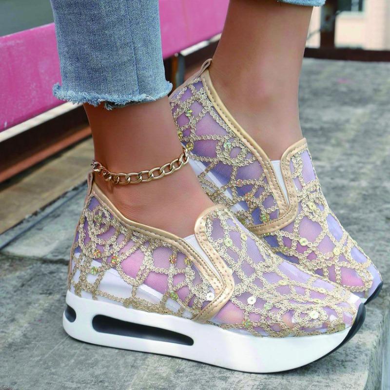 Mode Sexy Dentelle Paillettes Chaussures à la Mode pour Femmes Nouvelles Chaussures Vulcaniées Décontractées Légères Respirantes Confort Sandales Polyvalentes 2024Nouveau