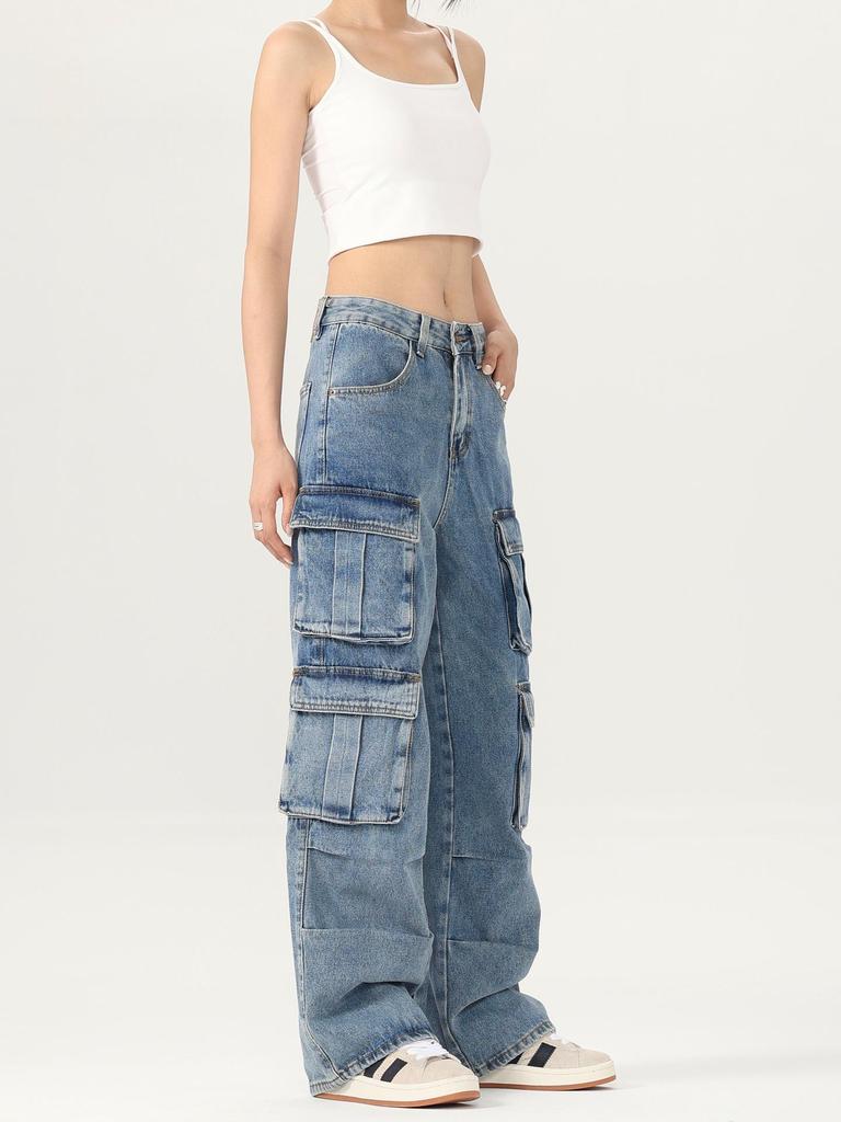 Menswear Unisex Retro Wide-Leg Multi-Pocket Denim Jeans