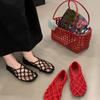 French Woven Mesh Hollow Low Heel Round Head New Sandals Fashion Pig Cage Shoes Red Breathable Hole Shoes Women's Shoes