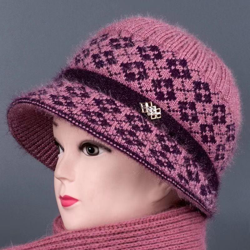 Hat Women's Autumn and Winter Fleece Big Eaves Knitted Hat Wool Hat Old Lady Thermos Hat