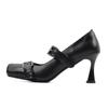 2025 New Black 7cm High Heels Sandals Metal Buckle Rivets Ballet Shoes Spicy Girl Square Toe Shoes PU Autumn Women's Shoes 35-39