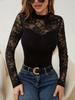 2025 Autumn/Winter Lace Patchwork Long Sleeve Stand Collar Women's T-shirt