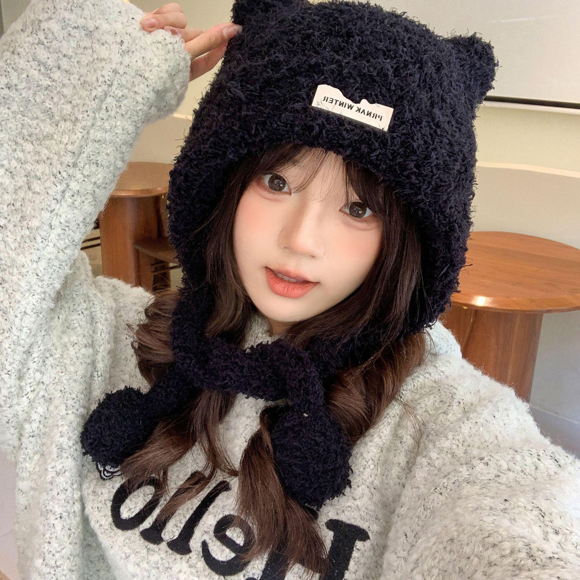 

Женская вязаная плюшевая шапка: Новые осенне-зимние модели — пушистые, толстые, теплые, милые, с модным рыбацким стилем, открывающим лицо One Size чёрный