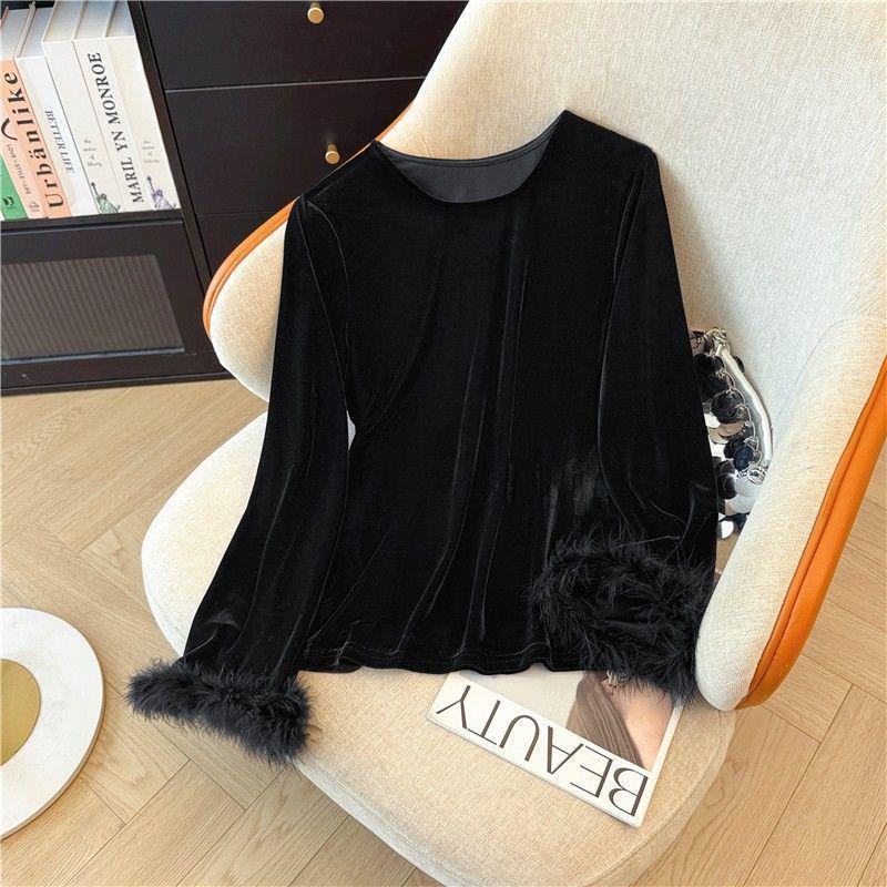

Plus Size Korean Velvet Gold Long Sleeve T-shirt - Women s Autumn/Winter Loose Fit 4XL (suggested 181-200 lbs) чорний