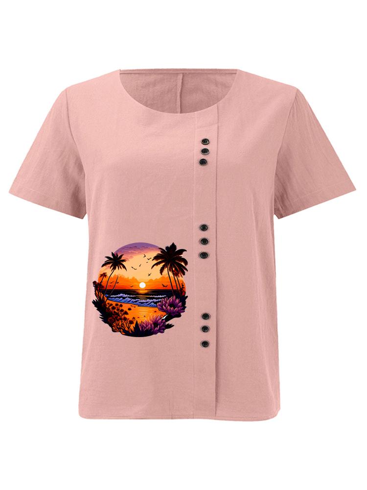 

Women s Fashion Landscape Pattern Printing Shot Sleeve T-shirt Loose Cotton Shirt Casual Loose Summer Plus Size Blouse Tops S