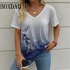 Summer Casual Loose Short Sleeve T Shirt Vintage V-Neck Flowers Printed Women's Tee Tops Plus Size Ladies T-Shirt Clothing