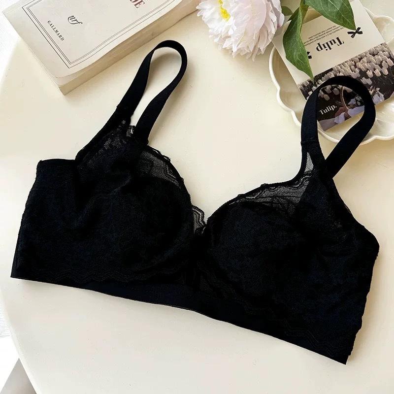 French Lace Crystal Cup Big Chest Small Underwear Women's Summer Thin and Thin Without Steel Ring Collection Sub-breasts Rabbit Ears Cup Bra