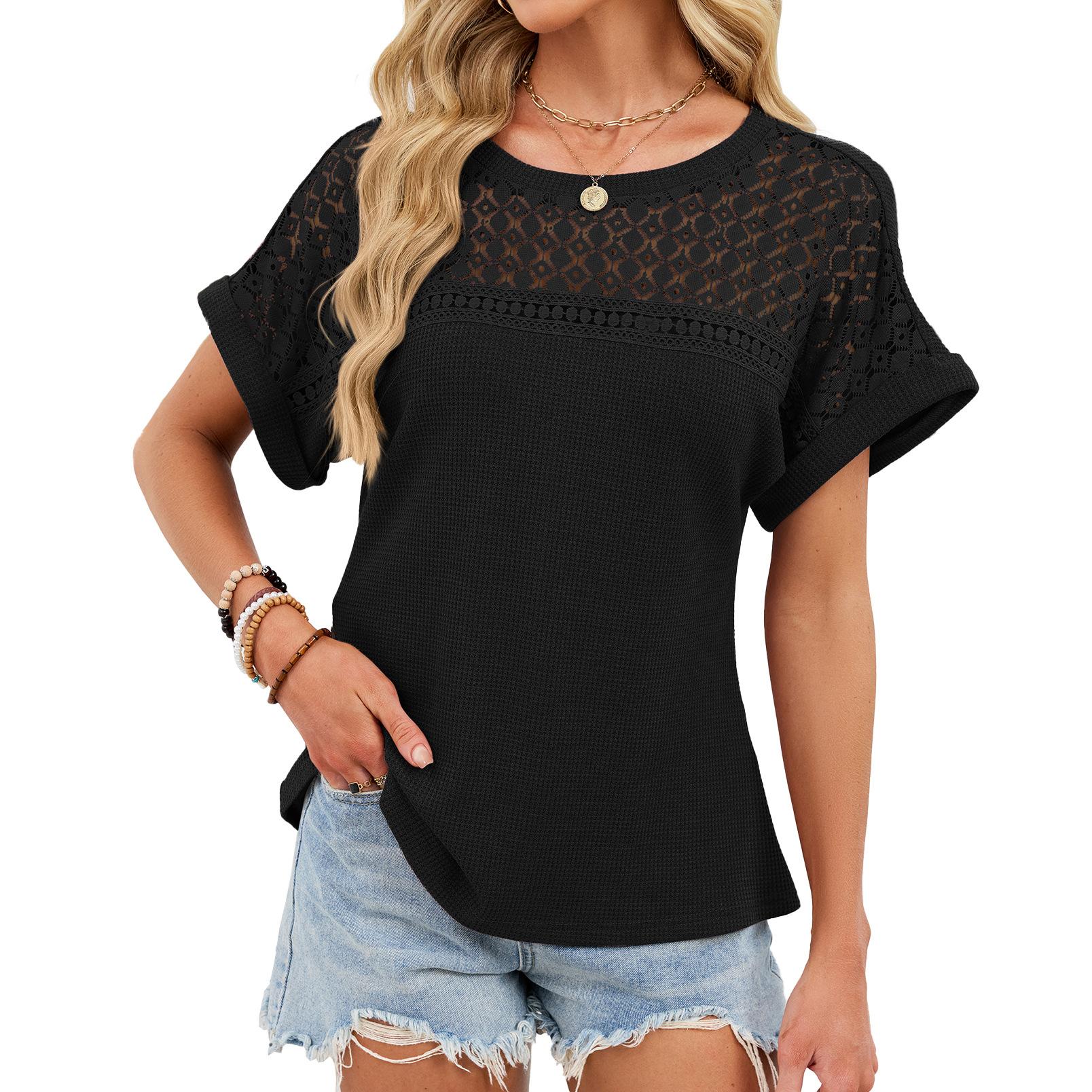 2026 Spring/Summer New Round Neck Lace Trim Loose Short Sleeve T-Shirt for Women S чёрный