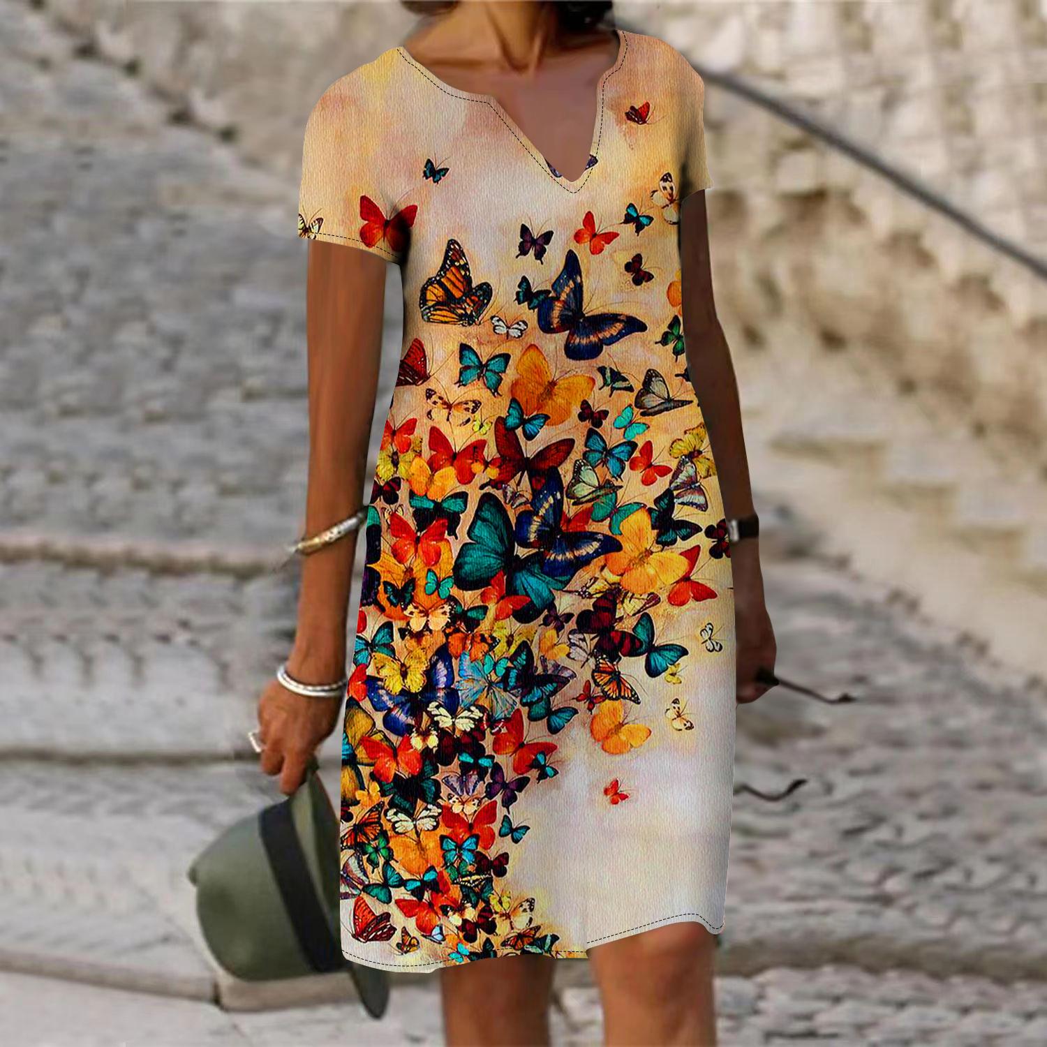 

Літня модна жіноча сукня з V-подібним вирізом і коротким рукавом, помаранчева сукня з принтом літаючих метеликів мрії, вільна повсякденна сукня для жінок L помаранчевий