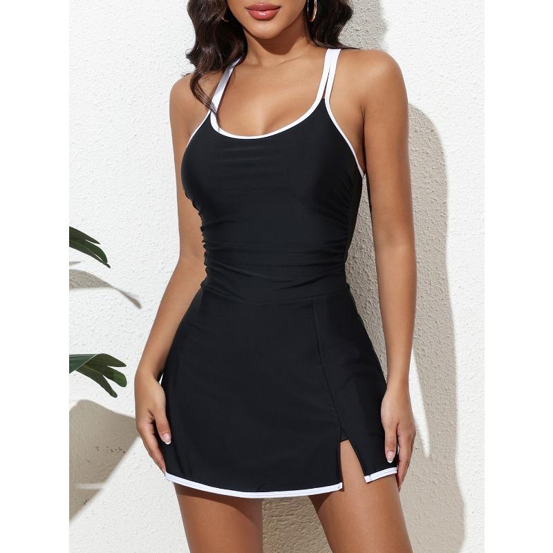 Women's New Matching Color Double Strap Skirt Slim Sexy Onepiece Shorts Bikini Swimsuit