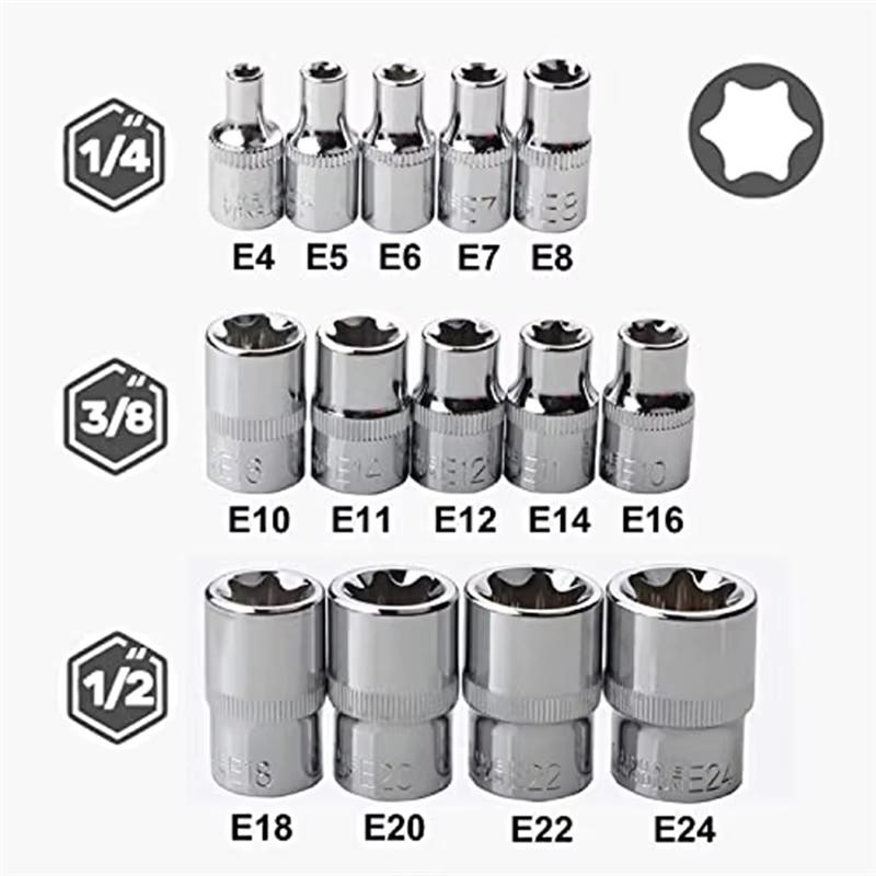 A96I-14PCS Female E Star Torx Socket Set E4-E24 E-Torx External Hex Socket Insert Nut
