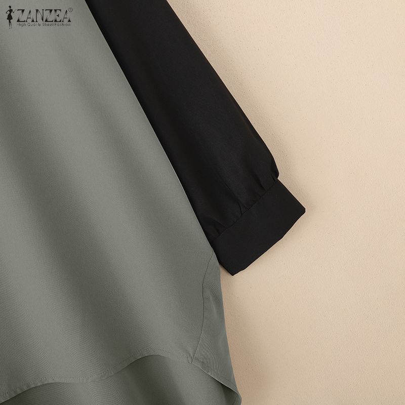 ZANZEA Women Stand Collar Loose Casual Long Sleeve Patchwork Blouse