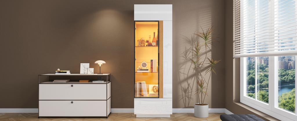 Vetrina Armadio Alto con Porta in Vetro, Illuminazione LED con Controllo App, Telaio in Alluminio, Mobile per Soggiorno, Armadio Contenitore con Ante