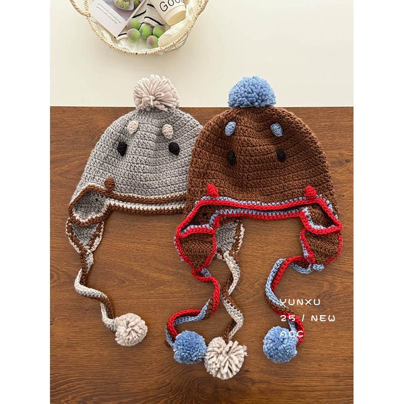 Season parent-child dopamine sweet cute ball ear protector knitted hat fashionable handmade hook braid hat
