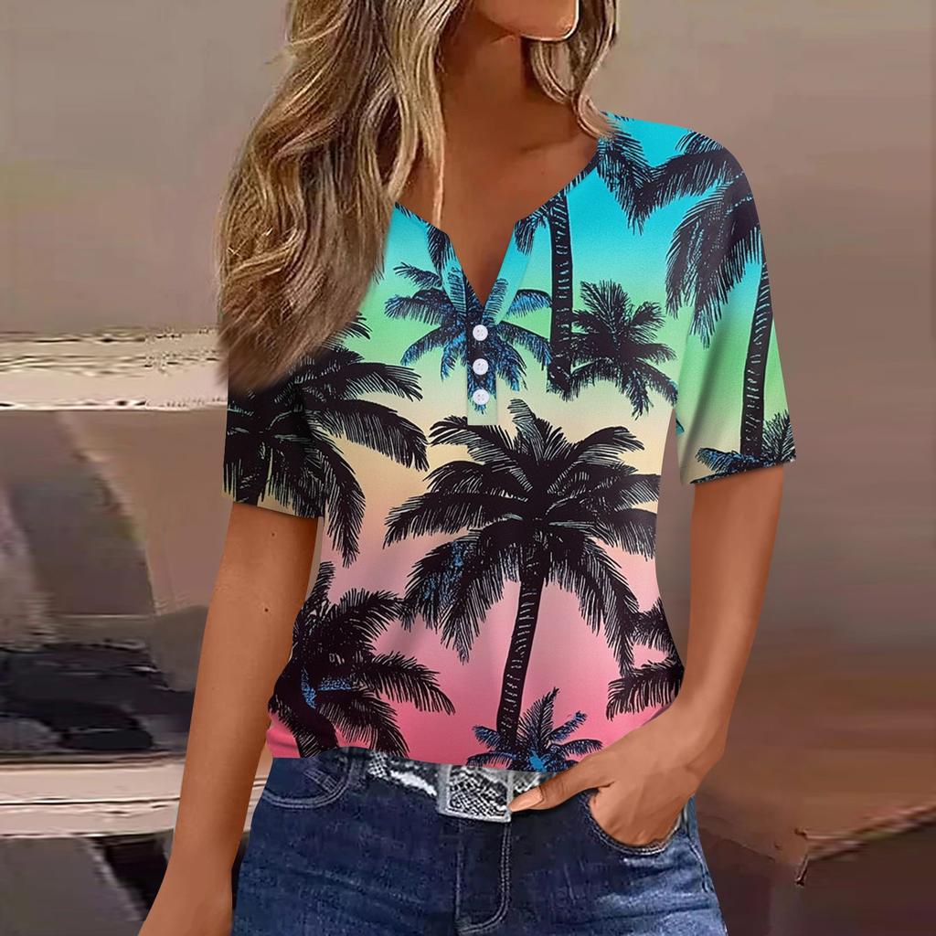 Women's T Shirt Print Button Short Sleeve Daily Weekend Fashion Basic V- Neck Regular Top