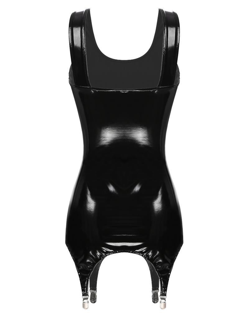 Woman Patent Leather Sleeveless Tank Bodycon Dress Latex Short Mini Dress with Garter Belt