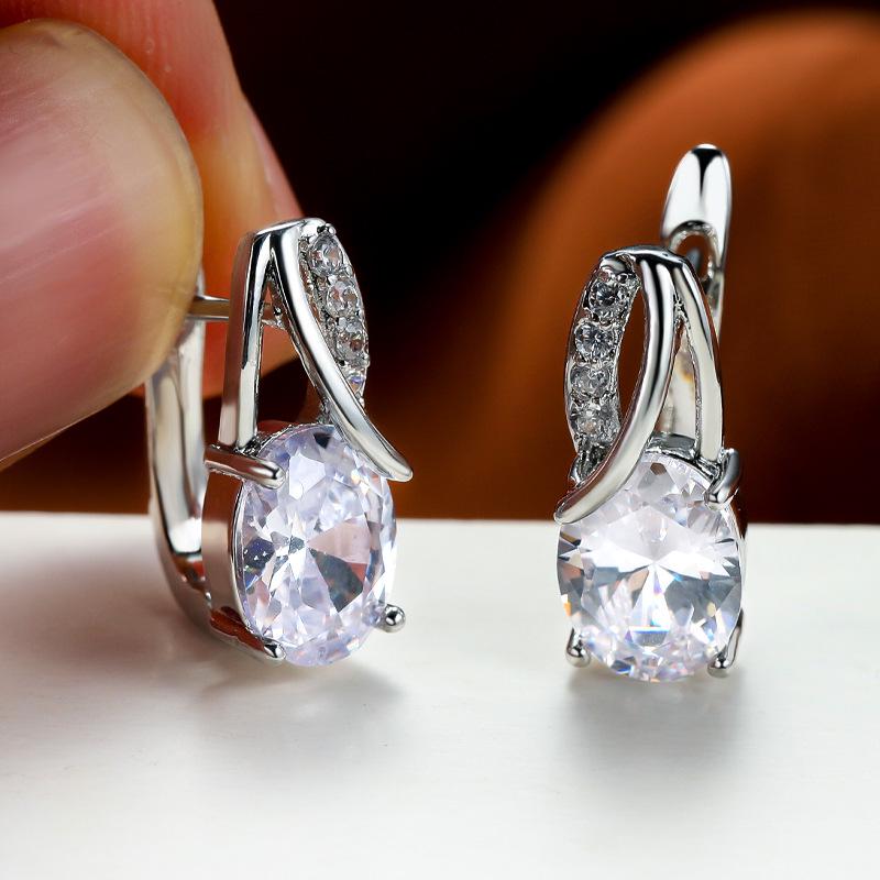 Oval Blue Zircon Diamond Champagne Gold-Plated Earrings for Weddings & Engagements