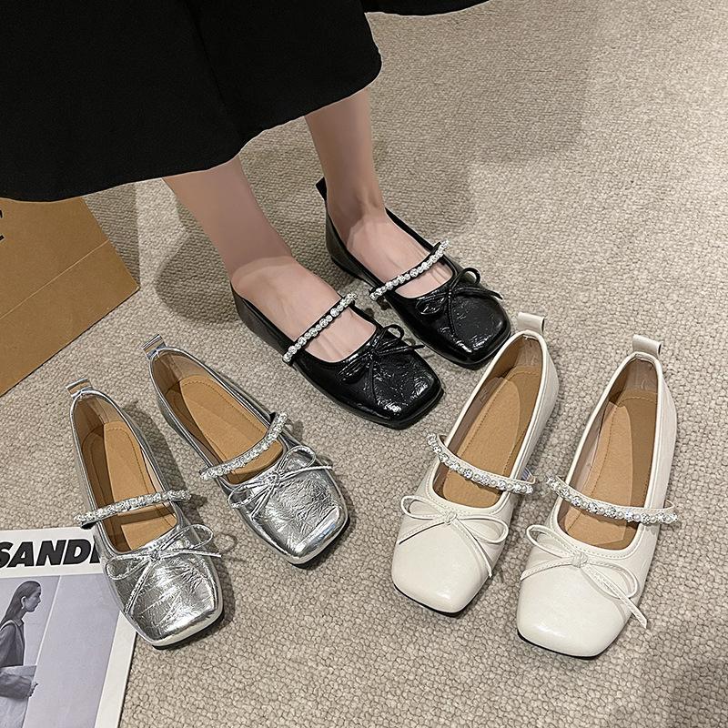 Diamond Belt Inner Height Increase 2025 New Model~ Small Round Head Satin Bow One-word Diamond Belt Shallow Mouth Ballet Shoes