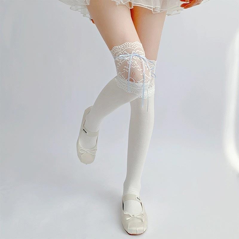 Girls Lolita Velvet Stockings White Knee Length Stockings Lace Splicing High Tube Sock Ribbon Bowknot Long Socks Women Footwear