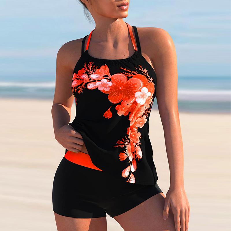 Plus-Size-Bikini-Zweiteiler-Badeanzug, Blumendruck, überkreuzte Träger, Neckholder-Tankini-Set