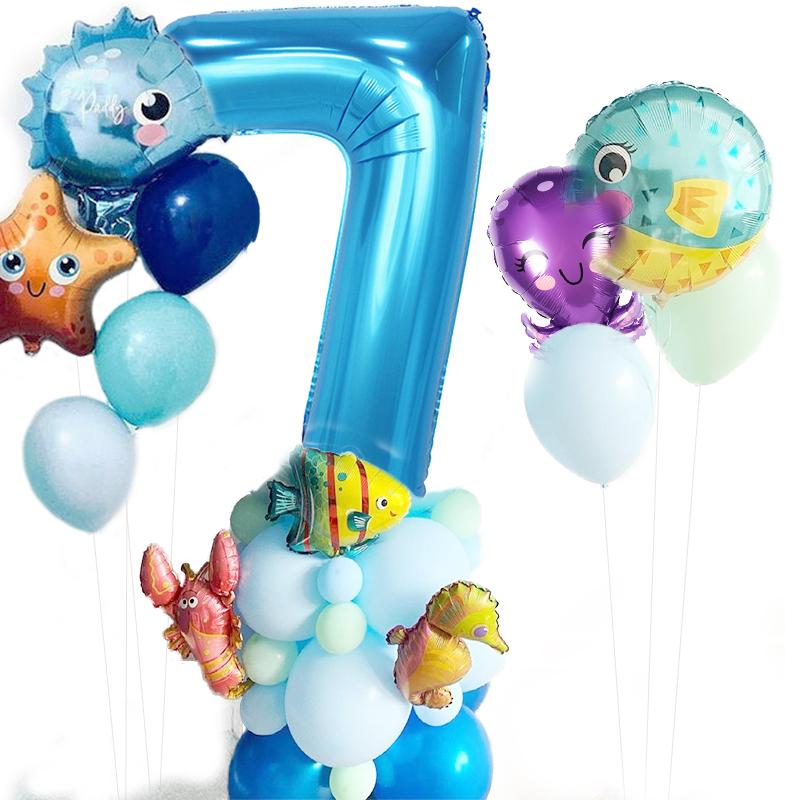 1-9 ani sub mare Balon cu animale de mare Decor de petrecere cu sirenă Baloane cu stele de mare Happy 1 2 3 ani Decor pentru ziua de naștere Lumea oceanului Baby Shower